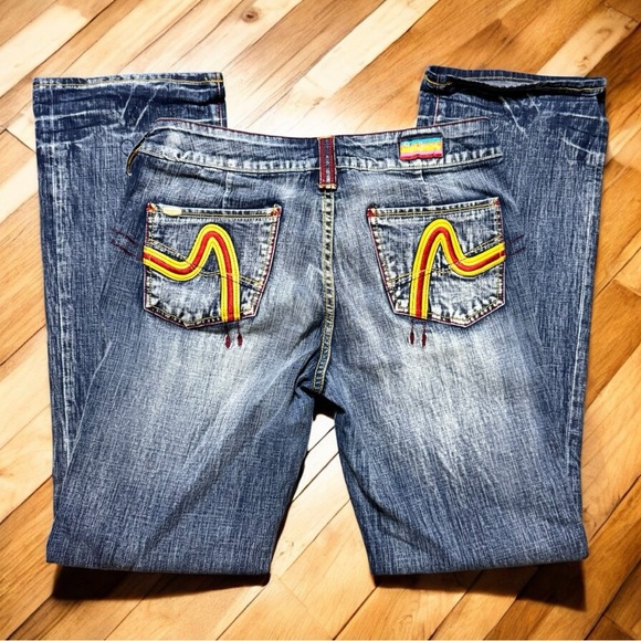 Pepe Jeans London Y2K Flare Jeans 32W x 31L • Swirl Embroidery • Mid Rise - Picture 2 of 13